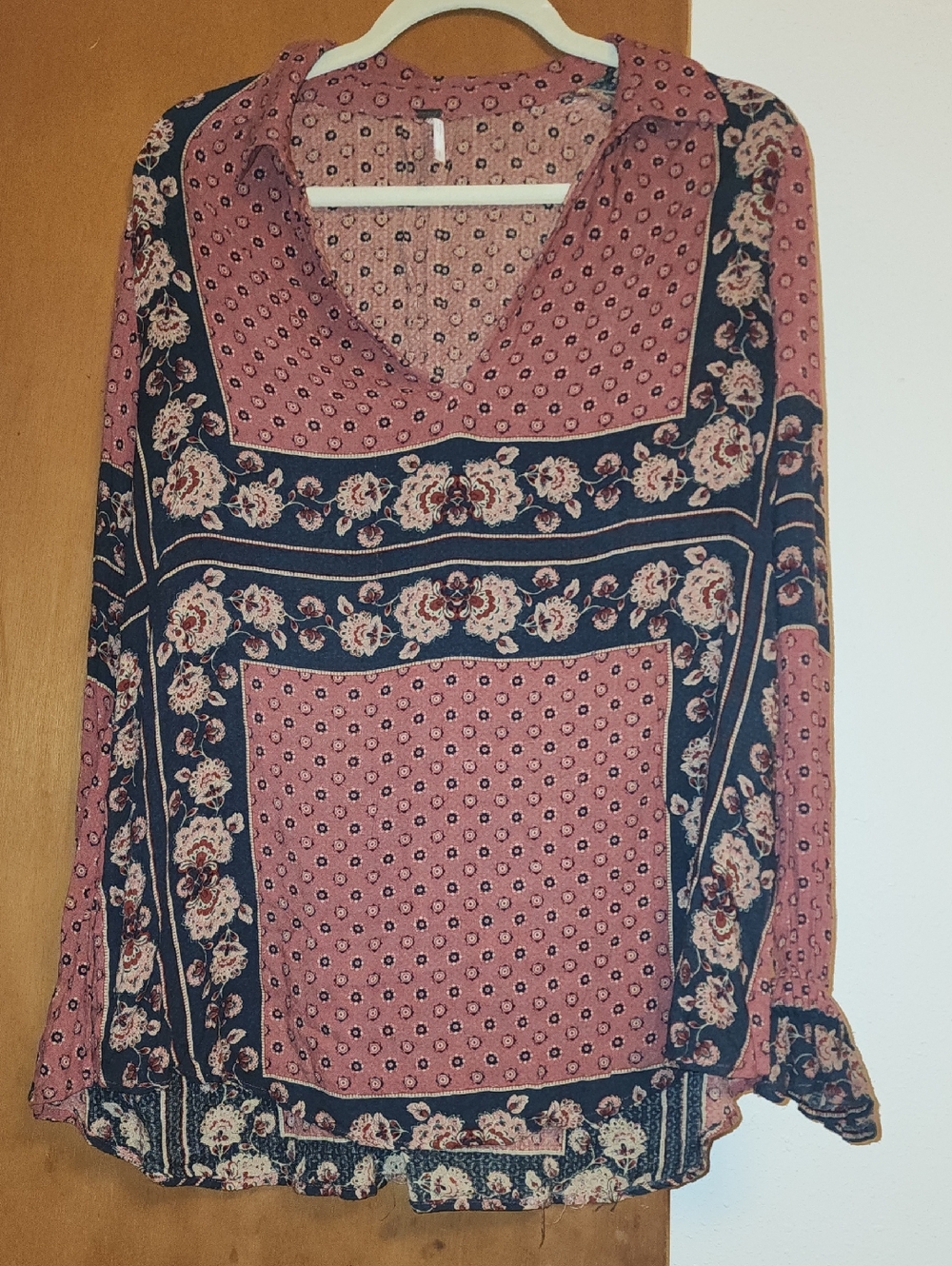 Free People Floral Bandana Print V-Neck Blouse in Rose and Navy